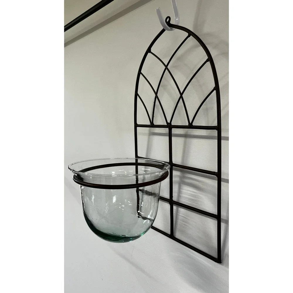 Arched Gothic Metal Wall Sconce Glass Hurricane Bowl Dark Brown Cathedral Decor
